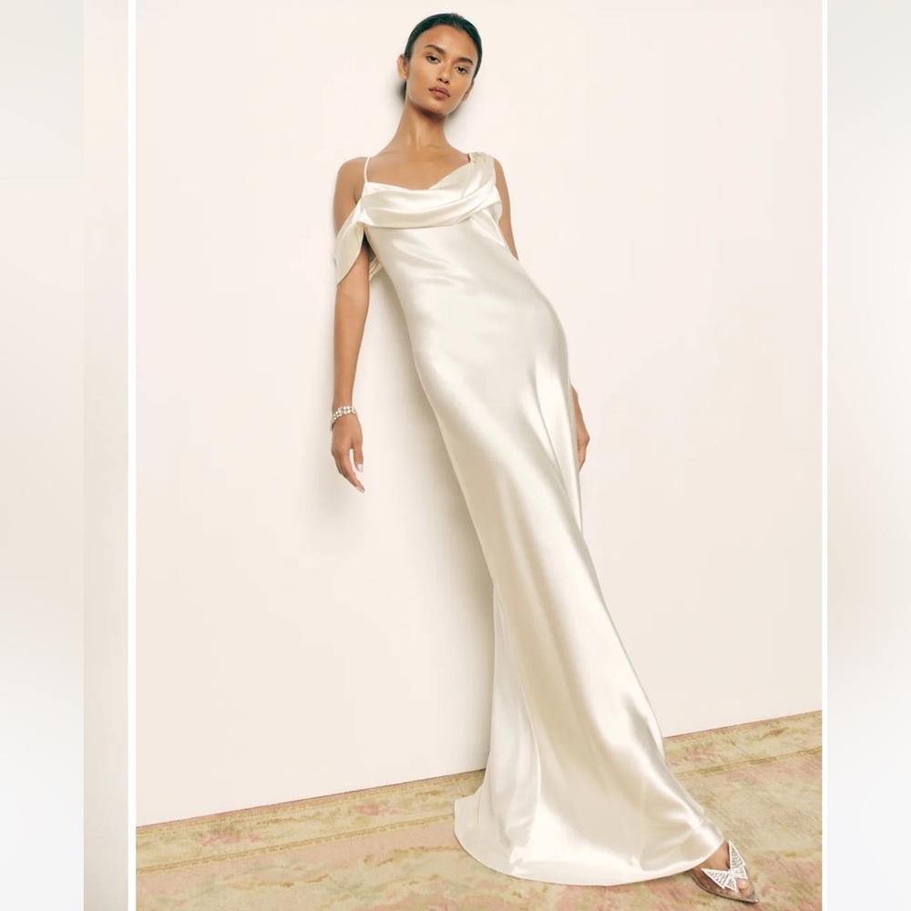 Reformation Ivory Satin Asymmetrical Slip Gown